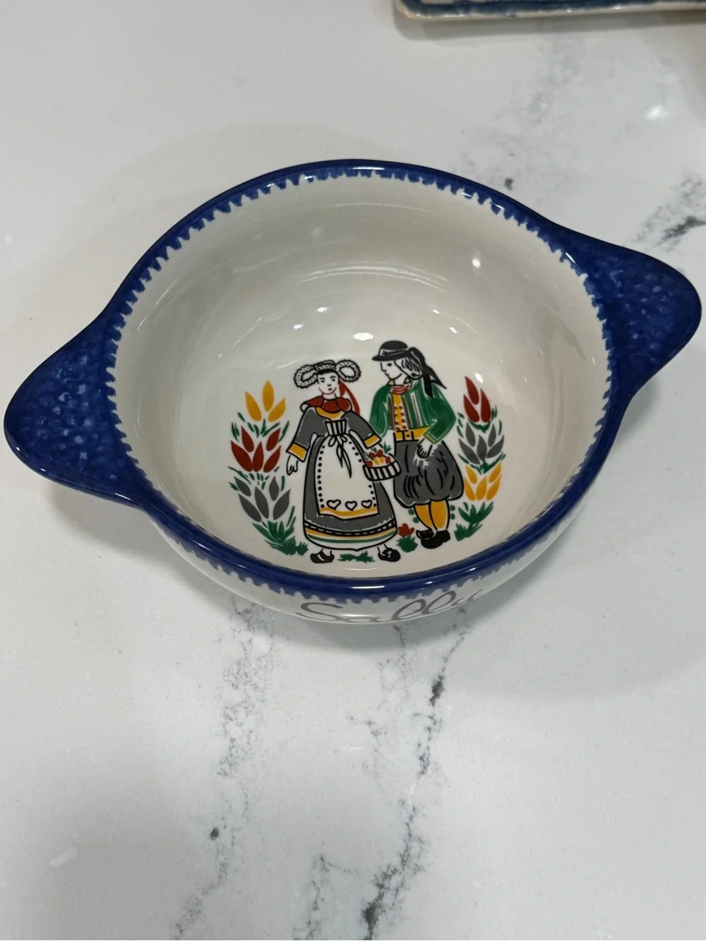 Any one named Sally? Ceramic Serving Bowl - Blue and White Vintage